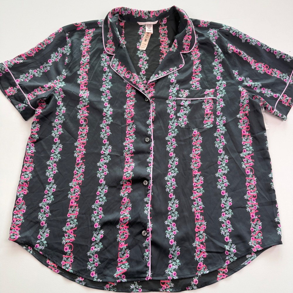 Victorias Secret Satin Pajama Top XL Black Pink Floral Logo Button Up Sleepwear